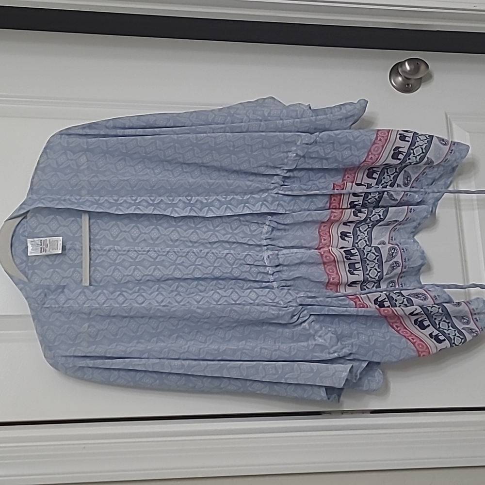 Sheer boho drawstring cinch waist. Sky blue, navy and red